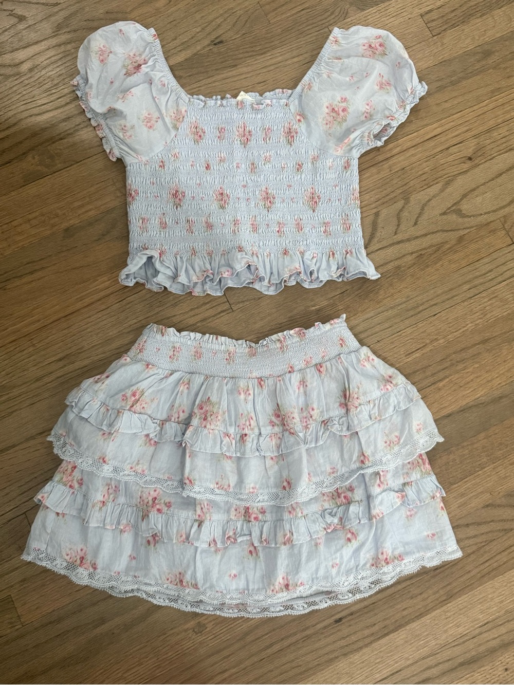 LoveShackFancy White Smocked Top and Pink Floral Tiered Skirt Set